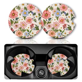 Yonlevres Car Coasters for Cup Holders，2.75" Universal Size Anti Slip Rubber Mat with A Finger Notch, 2 Pack Cup Holder Coasters for Car Interior Accessories for Women Men Flower
