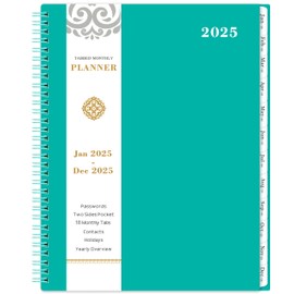 2025 Monthly Planner - 2025 Planner 9" x 11", JAN - DEC, 12 Monthly Planner/Calendar, with Tabs, Pocket, Label, Contacts and Passwords, Twin-Wire Binding, Waterproof Design, Green Cover