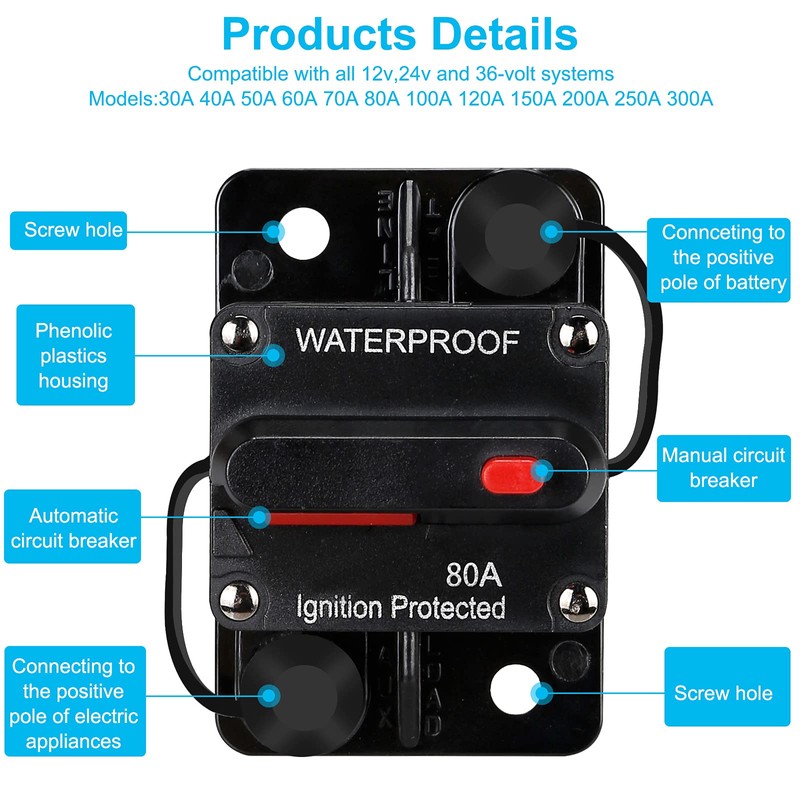 Generic 80 Amp Waterproof Circuit Breaker,Fuse Holder,Audio Circuit Breaker,with Manual