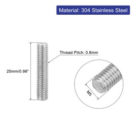 QUARKZMAN 8 Pieces Threaded Rods, M5 x 25 mm, 304 Stainless Steel, Threaded Rod with Metric Full Thread, M5-0.8 Threaded Screw for Furniture and Machine Assembly