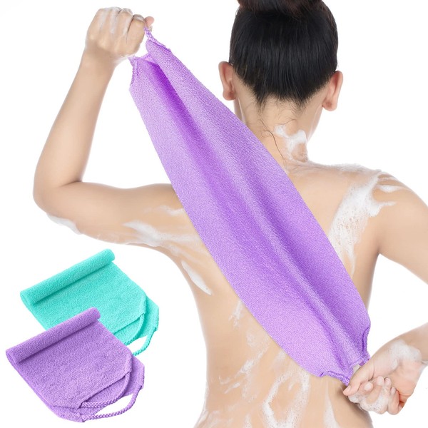 Back Scrubber for Shower Exfoliating Washcloth Back Cloth Body Extended Length Scrubber Towel Nylon Exfoliating Stretchable Pull Strap Wash Cloth for Bath Body Scrub Washcloth 2 Pack (Purple,Mint)
