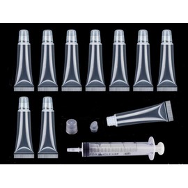 Aoshang 10 tubos vacíos recargables de 8 ml, bálsamo de brillo de labios, recipientes de cosméticos transparentes con 3 jeringas de plástico de 5 ml