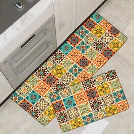 Tyrot Boho Kitchen Rugs Set of 2 Cushioned Anti Fatigue Kitchen Mats for Floor Non-Slip Waterproof Kitchen Floor Mats Colorful Ergonomic Cushioned Comfort Standing Mat for Laundry, Office, Sink