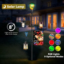 LUJII Solar Shepherds Hooks for Outside, Bird Feeder Pole with 4 Adjustable Hangers and 1 Flag Holder, Garden Stand for Hummingbird Feeders, Wind Chimes, Plant Baskets, Lanterns (Ribbon)