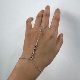 925 Sterling Silver Sapphire Blue CZ Finger Ring Bracelet Hand Chain for Women, September Birthstone Jewelry Slave Bracelets 7" to 9" Adjustable