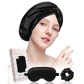 Miss Adola Silk Bonnet for Sleeping - Mulberry Silk Hair Bonnet for Women Sleeping Cap with Silk Hair Scrunchie & Eye Mask 19 Momme Night Cap with Elastic Stay On Head for Curly Hair Care, Dark Black