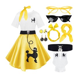 10Pcs Sock Hop Outfits Costume Women, 1950s Poodle Skirts, Poodle T-Shirt with 50s Accessories Set Scarf Headband Belt Socks Eyeglasses Earrings (Yellow-M)