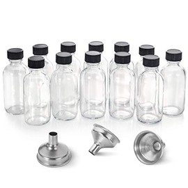Botellas pequeñas de vidrio transparente de 2 oz (2.0 fl oz) con tapas y embudos de acero inoxidable – Botellas redondas de muestra de Boston para poc