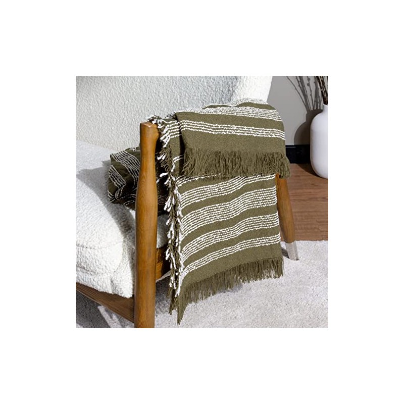 Hoem Jour Woven Fringed Throw, Olive, 130 x 180cm