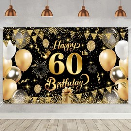 Yuanbigtai 60th Happy Birthday Banner,Happy 60th Birthday Decorations Backdrop,Birthday Party Decoration Black Gold Sign Poster for Backdrop Background for Men, and Women Birthday, 70.8 x 43.3 Inch