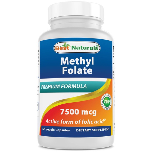 Best Naturals Methyl Folate 7500 mcg (7.5mg) (Most Bio-Available) Veggie Capsule - Supports Cell Formation Growth Function, Brain, Memory, Cardiovascular Health, 60 Count