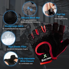 spacepower Workout Gloves, Gym Gloves for Women & Men, Weight Lifting Fitness Gloves, Lightweight Breathable Fingerless Gloves for Exercise, Cycling, Training, Full Palm Protection (Small, Red)