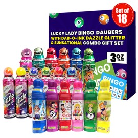 Lucky Lady Bingo Daubers with Dab-O-Ink Dazzle Glitter and Sunsational Combo Gift Set – 3 oz. 18 Pack, Versatile Ink Daubers - Bingo Markers and Stampers for Adults and Kids