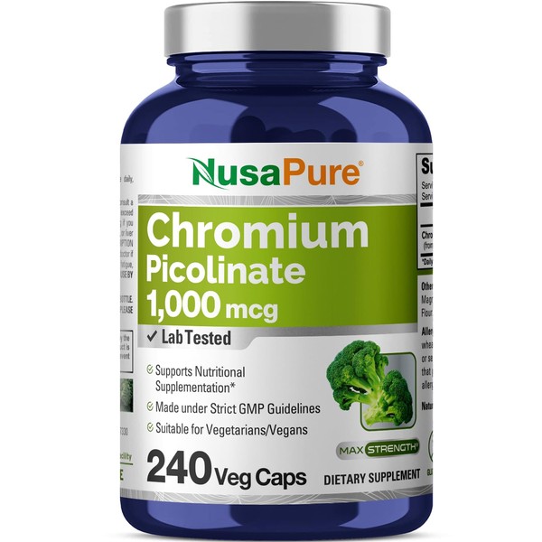 NusaPure Chromium Picolinate 1000mcg 240 Veggie Capsules (Non-GMO, Gluten Free)