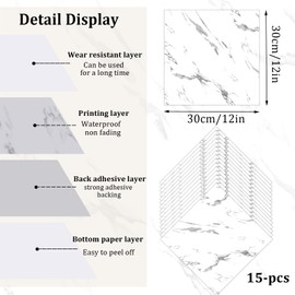 Peel and Stick Floor Tile 12 x 12 Inch 15 Packs White Marble Floor Tiles Self Adhesive Vinyl Flooring Waterproof Laminate Flooring for Bathroom Kitchen Stick on Floor Tiles Easy for Home Decor