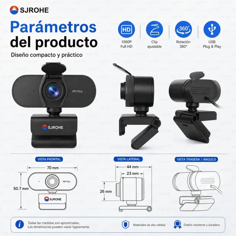SJROHE® Cámara Web 1080p Webcam Con Micrófono 30fps Color Negro