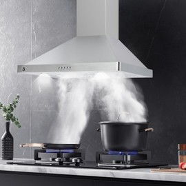 GarveeTech Wall Mounted Range Hood 30 Inch, Ducted/Ductless Convertible Duct, Kitchen Vent Hood with 3-Speed ​​Fan, Permanent Filter, LED Light, Stainless Steel Chimney Stove Vent