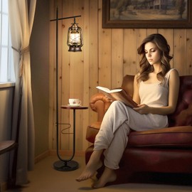 workluurop Vintage Floor Lamp with Table,Classical Lantern Standing Rustic Farmhouse Nightstand Hanging Arc Floor Lamp with Bronze Gold Finish,for Living Room,Bedroom,Reading Room(Bronze)