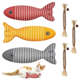 Catnip Toy Pack of 6 - 20 cm Cat Toy Cushion Fish Shape with 3 Wooden Catnip Sticks Cat Dental Care Safety and Tear-Resistant Cat Toy Cat Toys for Cats Playing and Chewing