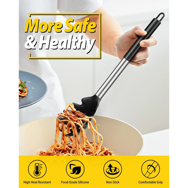 Silicone Pasta Fork and Ladle Spoon Set, Large Non Stick