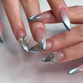 French Tip Press on Nails Almond Medium Fake Nails with Rhinestone Bow Design Blue Cat Eye Nail Tips Acrylic Nails Press on Gel Glue on Nails Full Cover Stick on Nails for Women 24Pcs