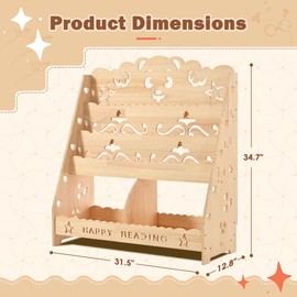 PETKABOO 4 Tier Kids Wooden Bookshelf,Children Bookcase Cabinet, 2 Cubby Toy Storage Organizer, Toddler Book Toy Shelf for Bedroom, Nursery, School, Playroom.