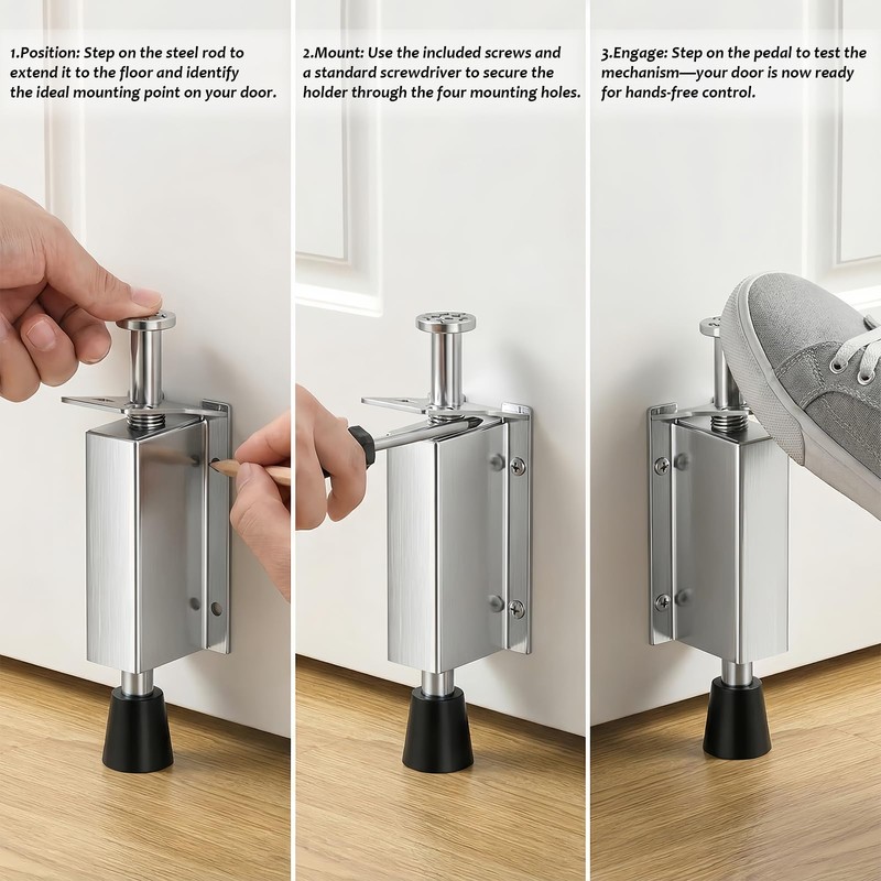 Kickdown Foot-Operated Door Stopprer, Stainless Steel