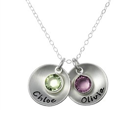 AJ's Collection Take Two Round- Personzlied Sterling Silver Necklace. Customize Two 0.625 Inch Round Discs Names and Crystal Birthstones. Matte Finish. Choice of 925 Chain. Gifts for Mom or Her
