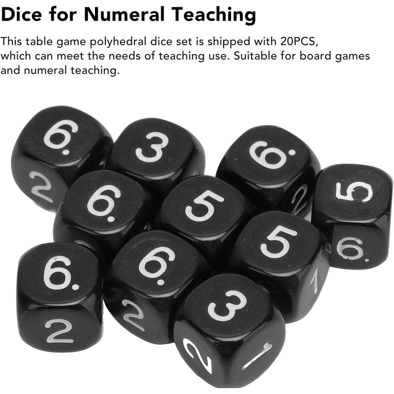 20Pcs Black 6 Sided Number Dice, Round Corner Polyhedral, Polyhedral