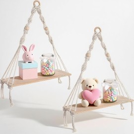 Kinfezlon 2 Stück Makramee Wandregal, Holz Regal, Makramee Wandbehang, Handgewebte Schweberegal, Boho Deko Hängeregal Baumwollseil, Quasten Schweberegal Pflanzenregal, für Wohnzimmer, Schlafzimmer