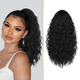 Sidaila Ponytail Extension, 18 Inch Drawstring Ponytail Curly Fake Ponytail Extension Wavy Pony Tails Hair Extensions Clip on Ponytails Synthetic Hairpiece Pony Tail Extensions for Women - Black