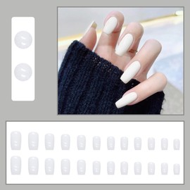 Ceboic 24Pcs False Nails Medium, Square Shiny Press On Nails with Glue Stickers, French Pure Color Ballerina Fake Nail, Natural Reusable Full Cover Stick on Nails for Women and Girls (White)