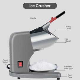 Electric Shaved Ice Machine 11 Inch Height 380W Three Blade Ice Crusher Snow Cone Maker Machines 220lbs/hr for Home and Commercial Use (Silver)