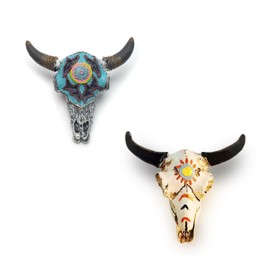 2Pcs Hand-Painted Bull Skull Fridge Magnet – Indian Style, Cowboy Theme, Resin Crafted, 2.75" x 2.83" – Perfect for Office and Home Deco