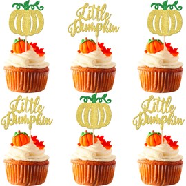 24 piezas de adornos de calabaza, para baby shower, calabaza, cupcakes, para cosecha de otoño, Acción de Gracias, baby shower, niños, niñas, fiesta de cumpleaños, decoración de pasteles, color dorado