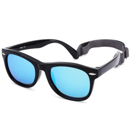 Polarized Baby Sunglasses with Strap - Unbreakable Flexible Infant Sunglasses for Toddlers Age 0-24 Months (Black Frame/Blue Mirrored Lens)