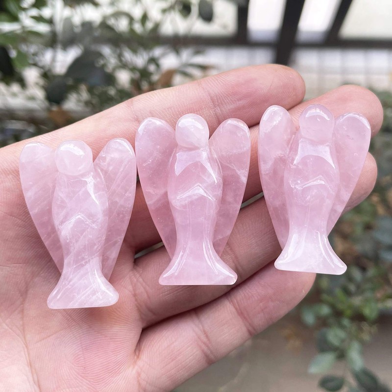 Fekuar Natural Rose Quartz Healing Crystal Prayer Guardian Angel Statue,