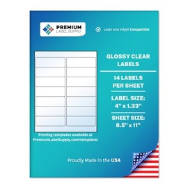 Premium Label Supply Glossy Clear Mailing Labels – 4" x 1.33" – Laser/Inkjet Compatible – (14 per Sheet), 25 Sheets – 350 Total Adhesive Labels