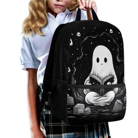 Ystardream Cute Ghost Elementary School Backpack for Girls with Lunch Box Pencil Case Lightweight School Bookbag for Teens Girls Boys 4 in 1 for Kids School Bag Book Bag Set 17 inch Black