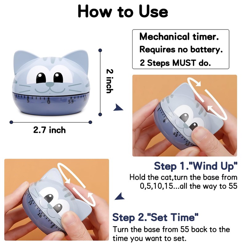 AUDRWALL Cute Kitchen Timer Mechanical Timer for Kids (Gray Cat)