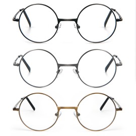 prtcslwd 3 Pack Round Frame Reading Glasses Blue Light Blocking Reader Metal Full Frame Retro Glasses (3 Pack(Black,Gray,Gold), 1.5, Diopters)
