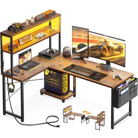 AODK L Shaped Desk Gaming Desk with LED Light & Power Outlet, 53 Inch Reversible L Shaped Computer Desk with Shelf, Corner Desk with Storage Bag&Hook for Home Office Desk, Vintage