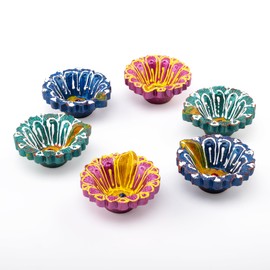 Earthen Diya Clay Terracotta Diwali Tealight Holder for Pooja Deepak Decoration Diva Deepam Decorative Lighting Accessories New Traditional Indian Festival Décor (Flower Shape-Set of 6)