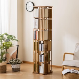 ABAMFUR Bamboo 360° Rotating Bookshelf, 6-Tier Corner Bookcase Tower for Home Office, Narrow Floor Storage Shelf,Brown