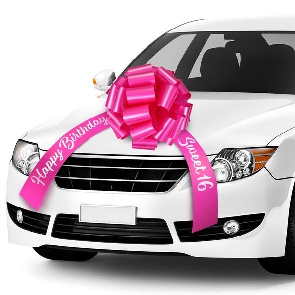 Happy Birthday Car Bow Sweet 16 Big Car Pull Bow Giant Car Gift Wrapping Bow with 20 Feet Car Ribbon for Birthday Party Car Decorations (Rose Red, 20 Inch)