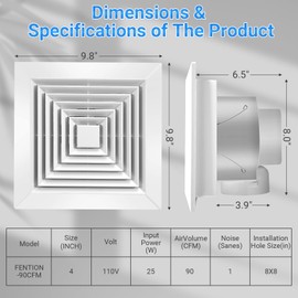 FEITON 90 CFM Bathroom Fan Exhaust Fan Ceiling Mount, 25W, 110V, 0.95 Sones, Square Quiet Ventilation, 4-in Duct, 8" x 8" Mounting Hole