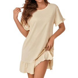 OPOIPIN Women's Nightgown Short Sleeve Sleepwear Round Neck Ruffle Hem Nightgowns Nightdress Beige X-Large