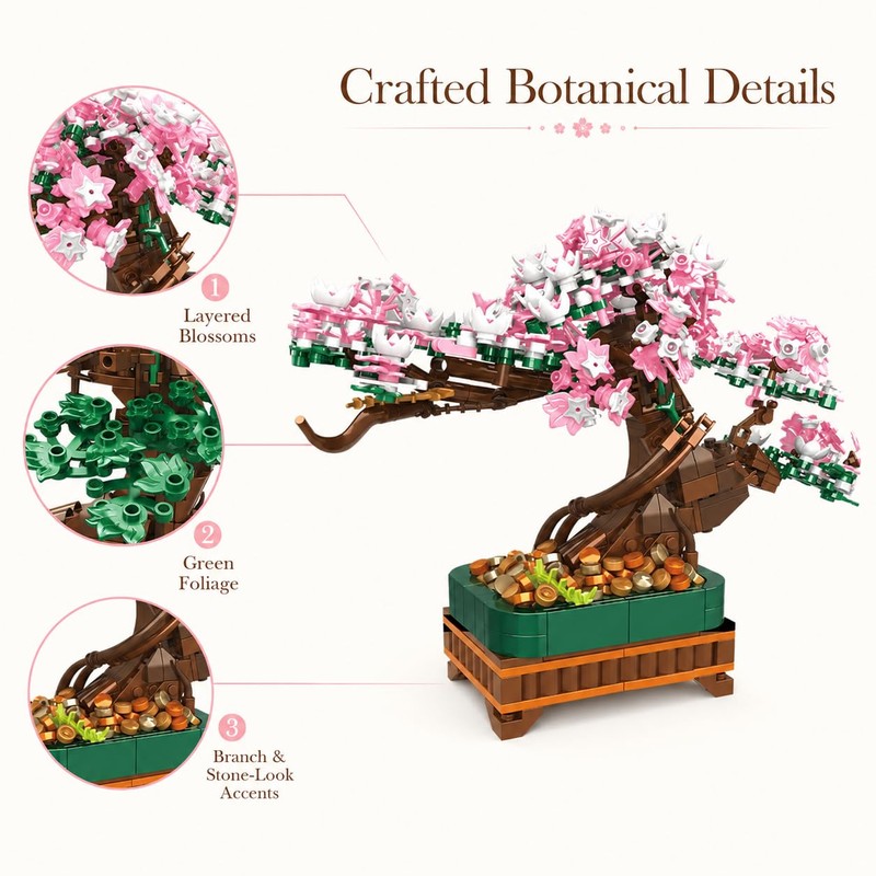 NEWABWN 3-in-1 Cherry Blossom Bonsai Tree Building Set, 711 Pieces