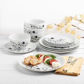 Tabletops Gallery 12-Piece White Black Floral Hibiscus Ceramic Dinnerware Set of Kitchen Dishes, Round Dinner Salad Plates Cereal Bowls, Service for 4, Margo