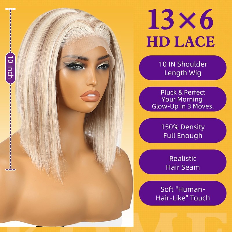 KOME Blonde Synthetic Lace Front Wig,13×6 Short Straight Glueless Bob